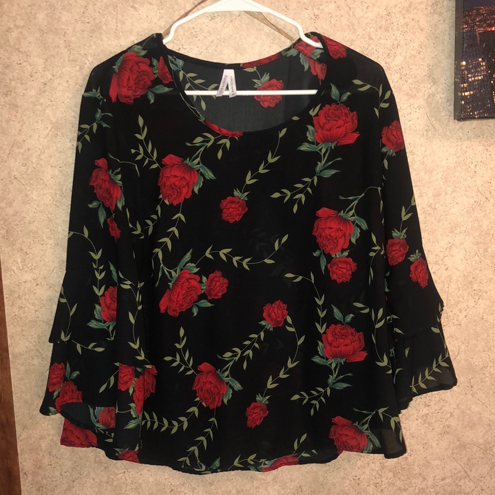 Black Blouse with Red Roses and Ruffled Sleeves